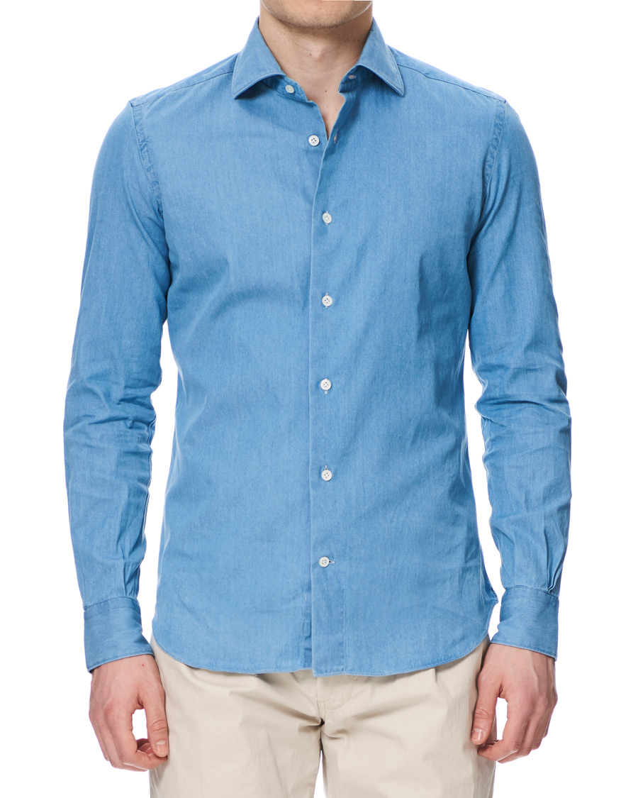 Herre | Skjorter | Mazzarelli | Washed Denim Cut Away Shirt Light Blue