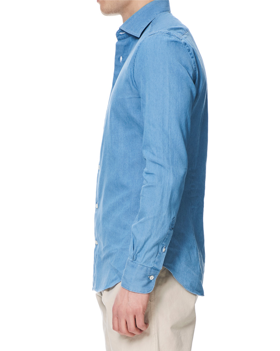 Herre | Skjorter | Mazzarelli | Washed Denim Cut Away Shirt Light Blue