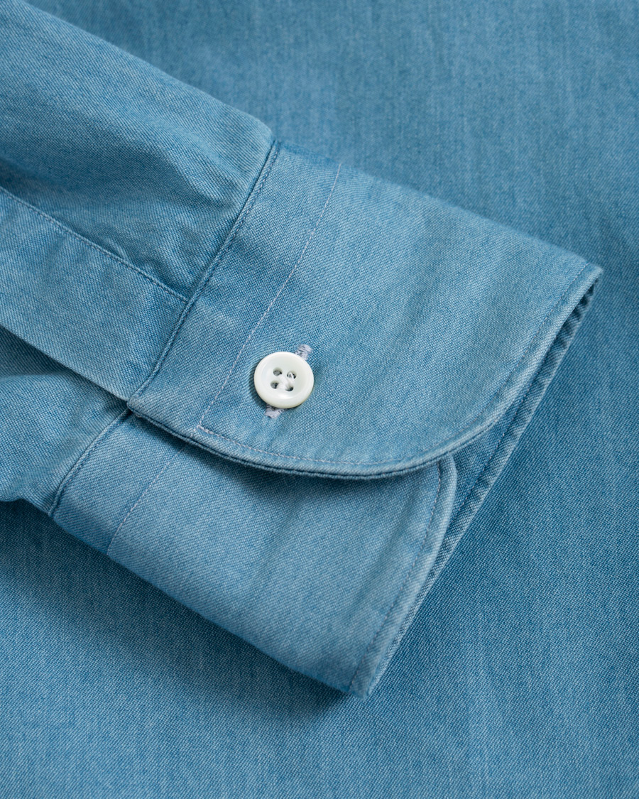 Herre | Skjorter | Mazzarelli | Washed Denim Cut Away Shirt Light Blue