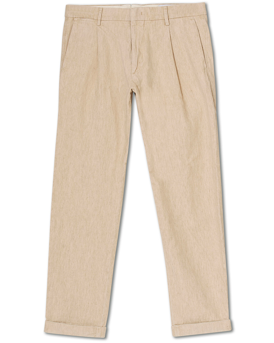 Herre | Bukser | NN07 | Codo Linen/Cotton Pleated Turn Up Trousers Nature
