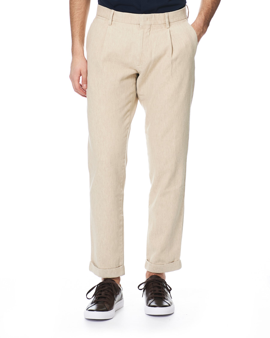 Herre | Bukser | NN07 | Codo Linen/Cotton Pleated Turn Up Trousers Nature