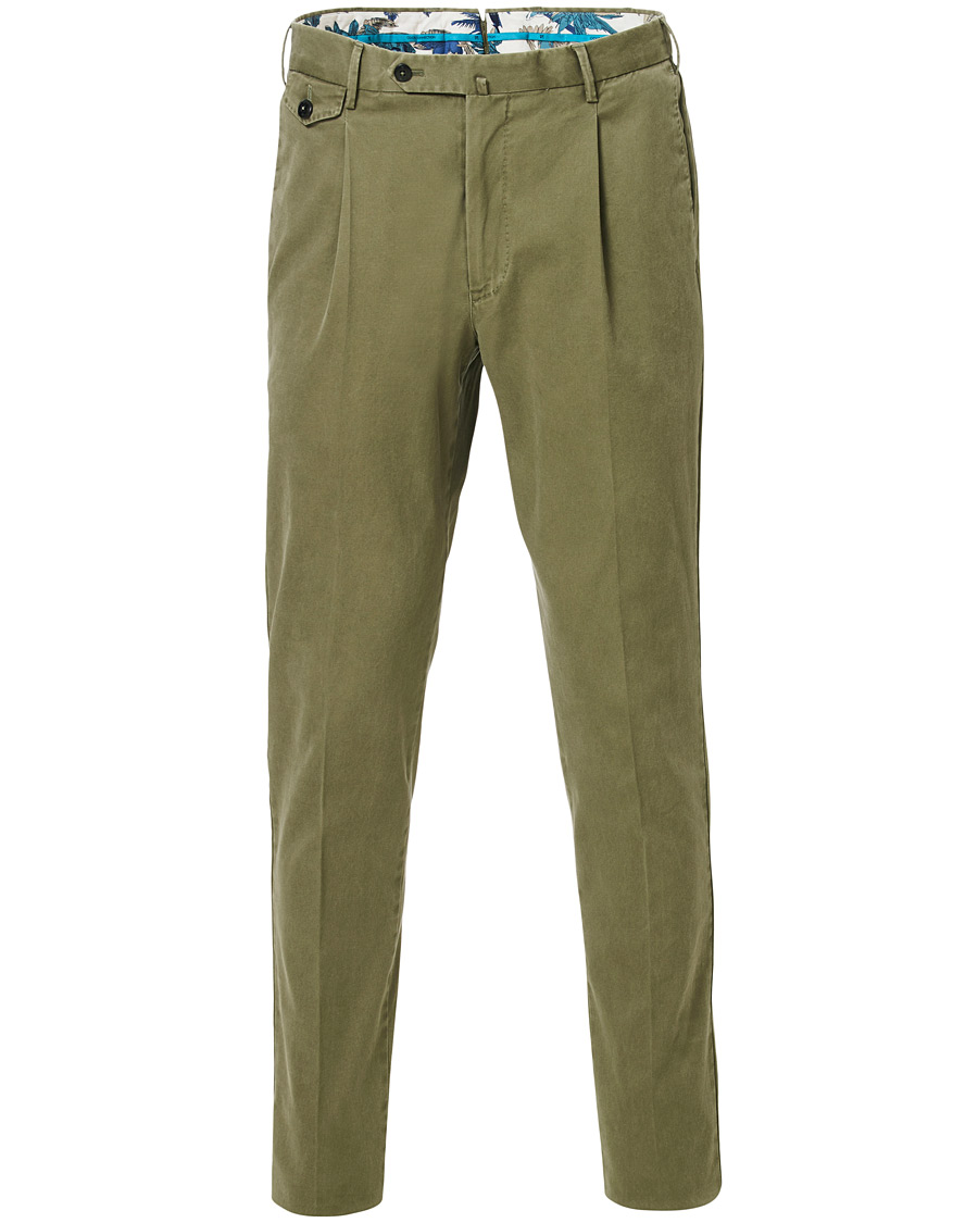 Herre | Bukser | PT01 | Slim Fit Pleated Cotton Trousers Olive Green
