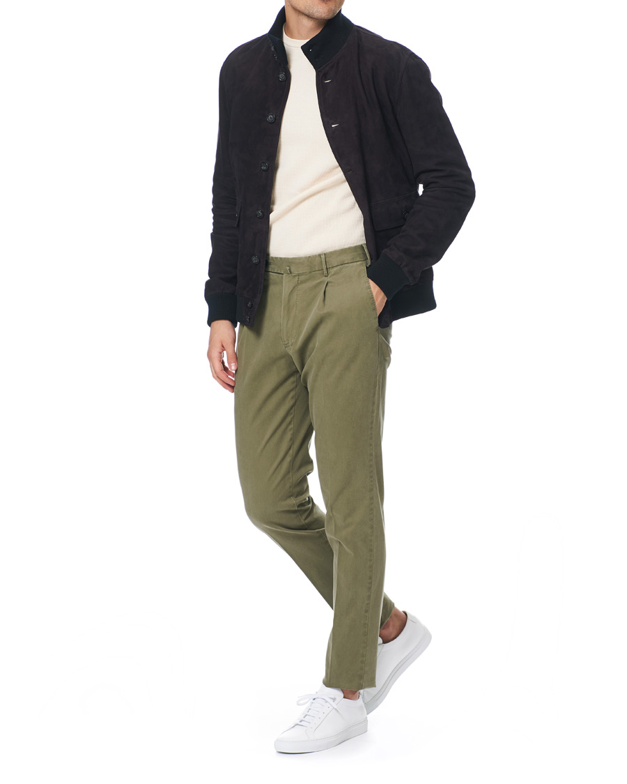 Herre | Bukser | PT01 | Slim Fit Pleated Cotton Trousers Olive Green