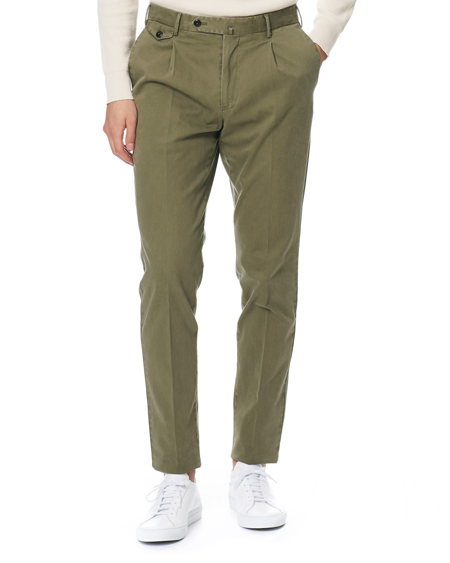 Herre | Bukser | PT01 | Slim Fit Pleated Cotton Trousers Olive Green