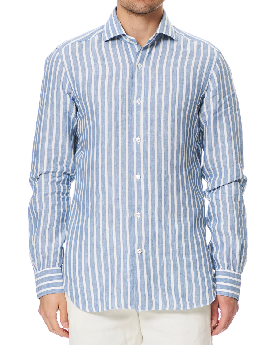Herre | Skjorter | Barba Napoli | Culto Slim Fit Striped Linen Shirt White/Blue