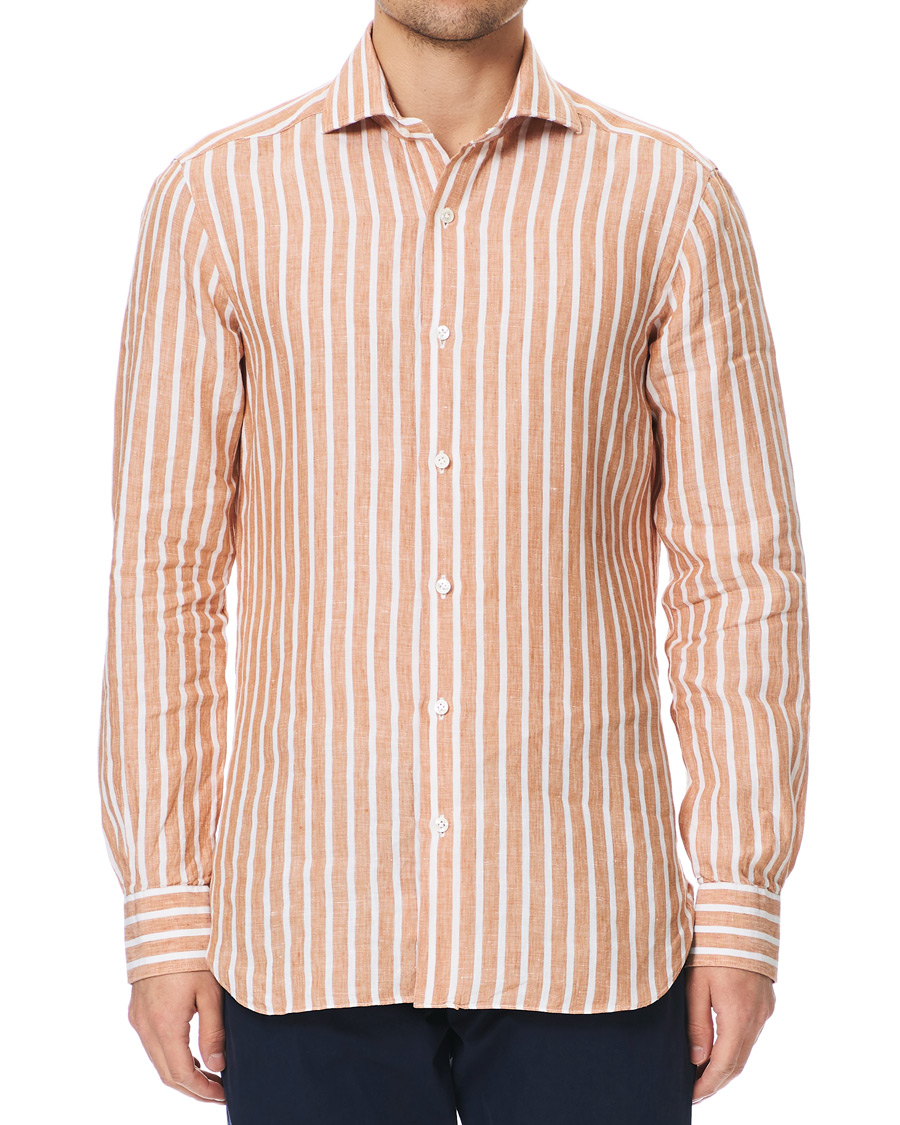 Herre | Skjorter | Barba Napoli | Culto Slim Fit Striped Linen Shirt White/Orange