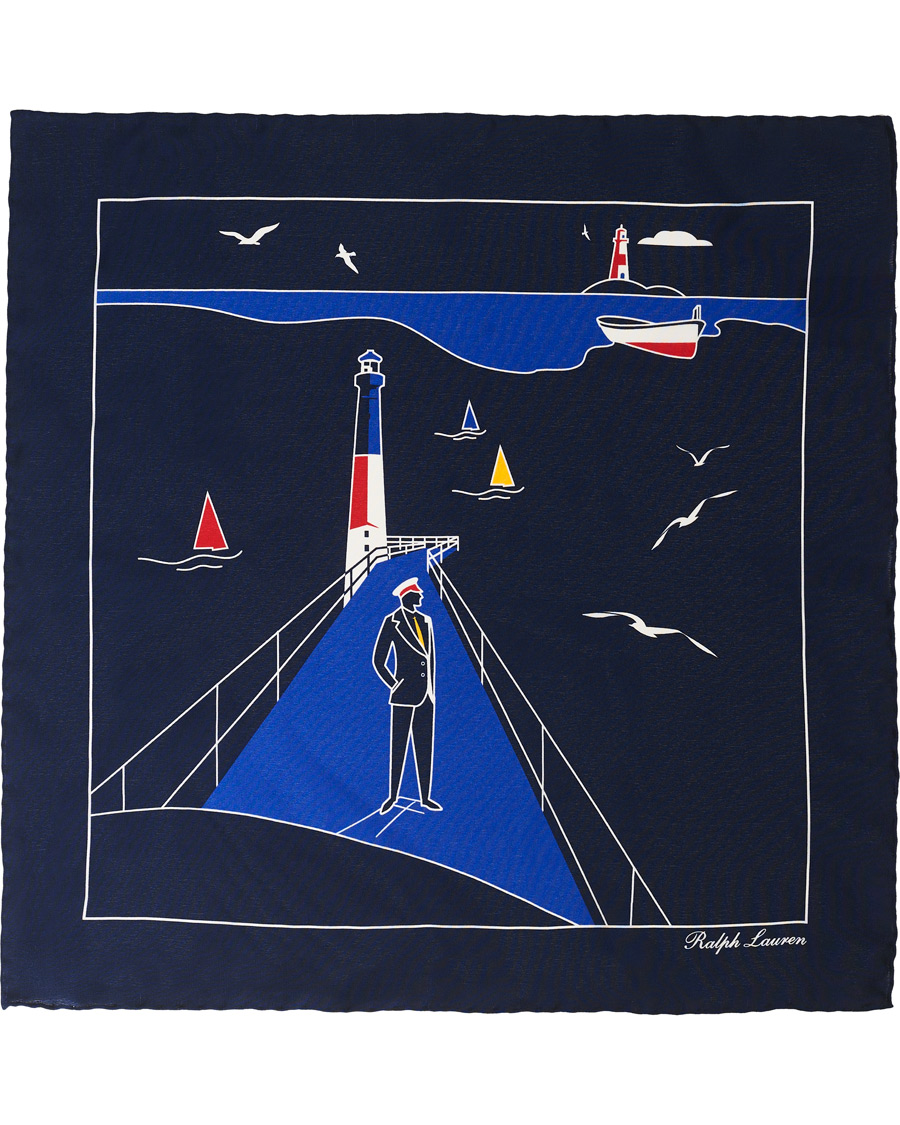 Herre | Ralph Lauren Purple Label Lighthouse Printed Pocket Square Navy | Ralph Lauren Purple Label | Lighthouse Printed Pocket Square Navy