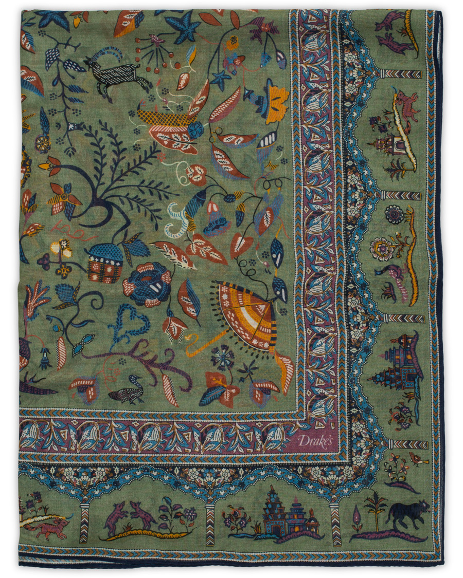 Herre | Drake's Cotton/Modal Moghul Scarf Soft Green | Drake's | Cotton/Modal Moghul Scarf Soft Green