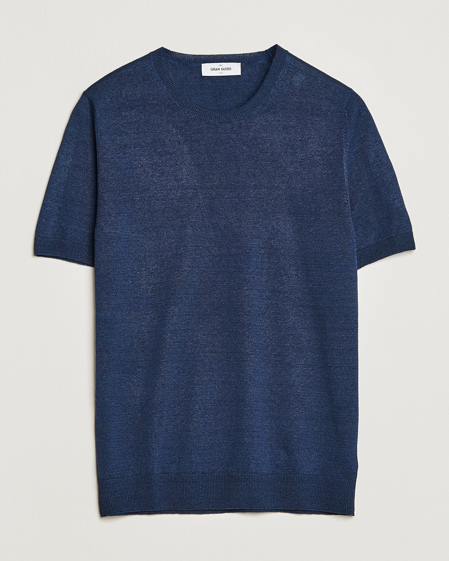 Herre | T-Shirts | Gran Sasso | Cotton/Linen Knitted Tee Navy