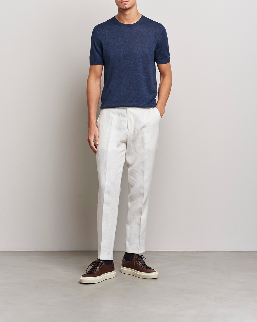Herre | T-Shirts | Gran Sasso | Cotton/Linen Knitted Tee Navy