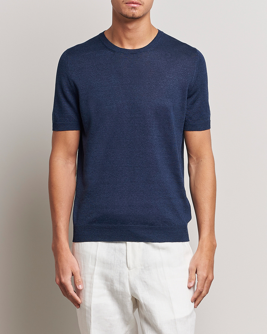 Herre | T-Shirts | Gran Sasso | Cotton/Linen Knitted Tee Navy