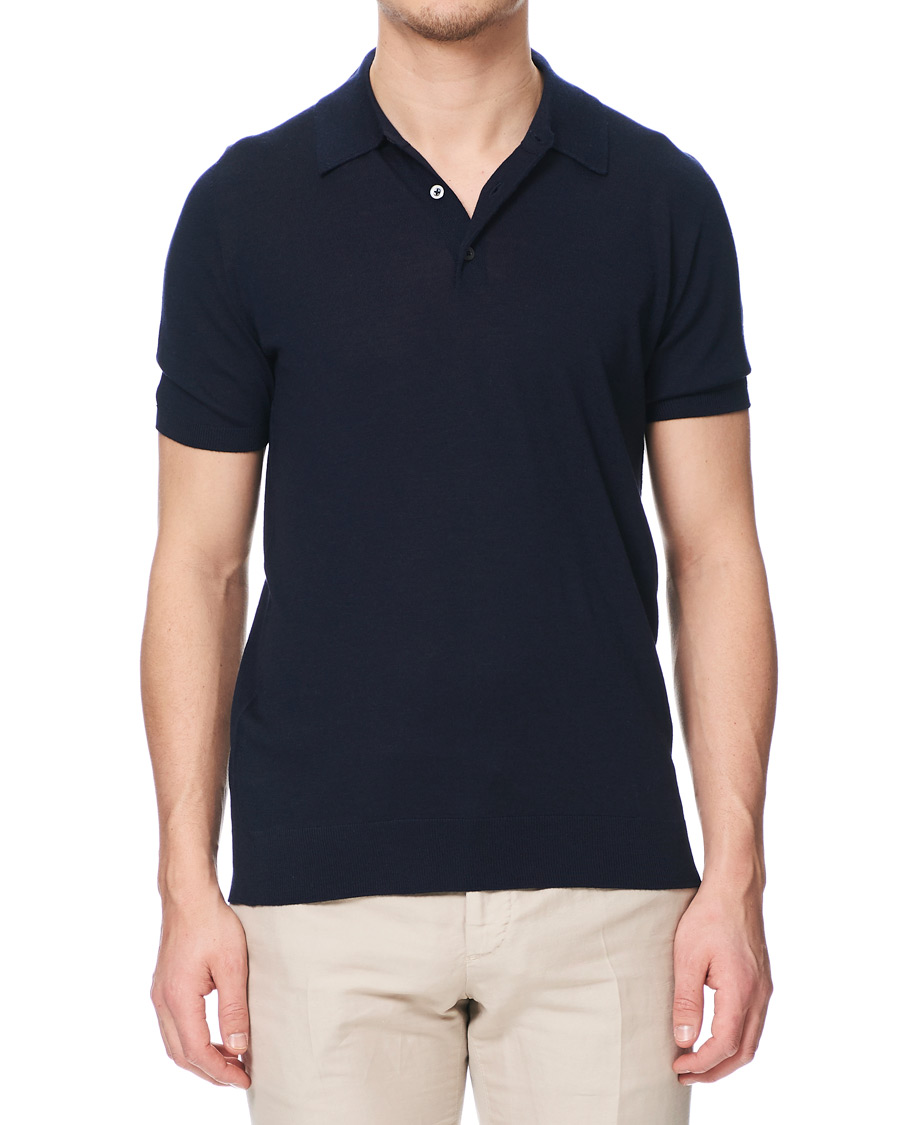 Herre | Pikéer | Johnstons of Elgin | Superfine Worsted Merino Short Sleeve Polo Dark Navy