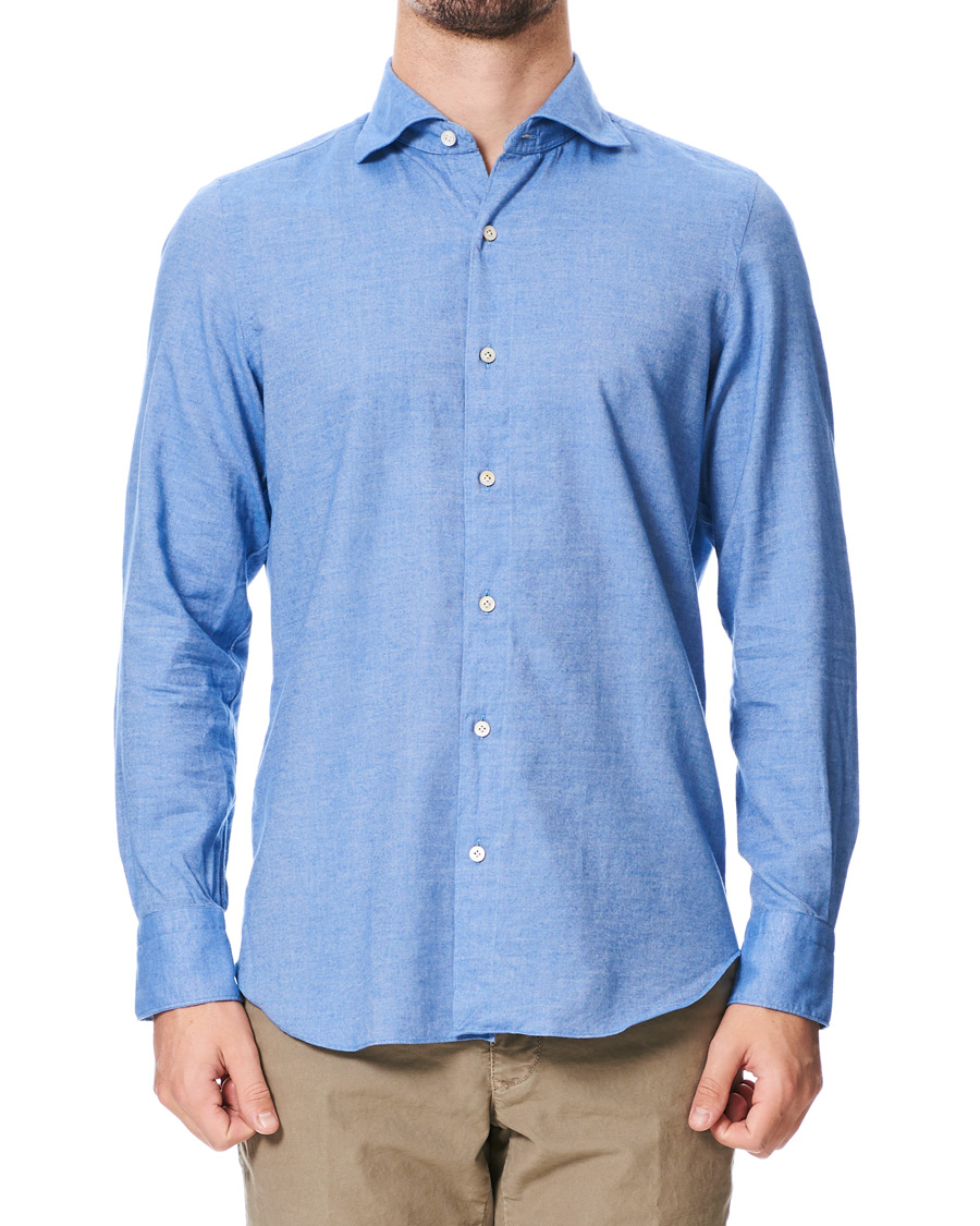 Herre | Skjorter | Finamore Napoli | Tokyo Slim Fit Flannel Shirt Light Blue