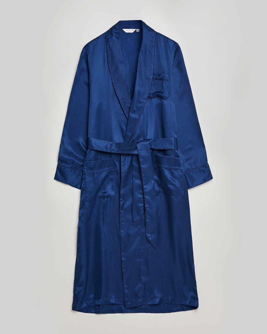 Herre | Derek Rose Pure Silk Striped Dressing Gown Navy | Derek Rose | Pure Silk Striped Dressing Gown Navy