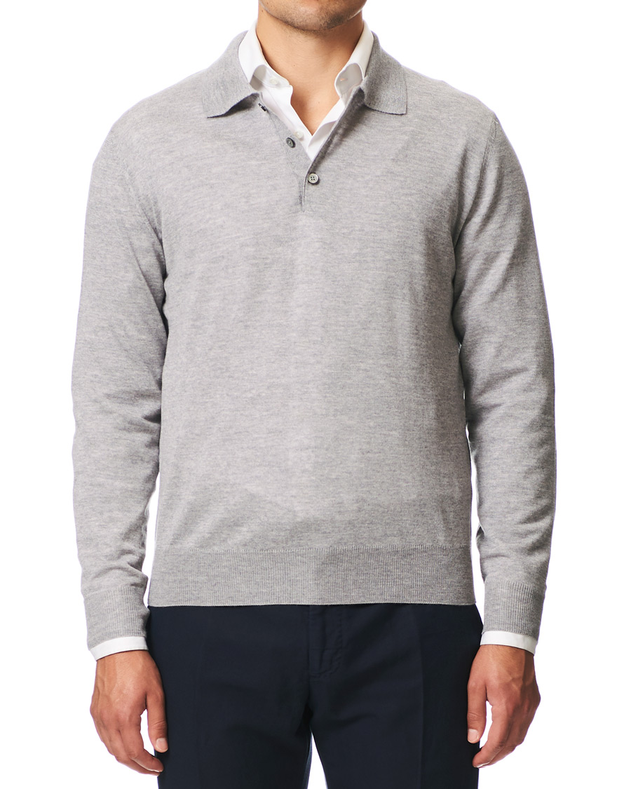 Herre | Gensere | Canali | Knitted Long Sleeve Polo Light Grey