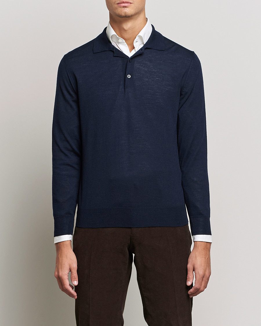 Herre | Strikkede pikéer | Canali | Merino Wool Knitted Polo Navy