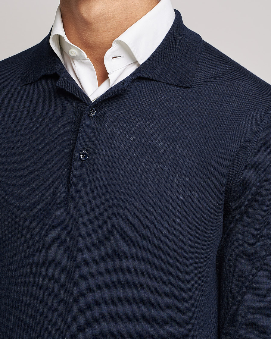 Herre | Gensere | Canali | Merino Wool Knitted Polo Navy