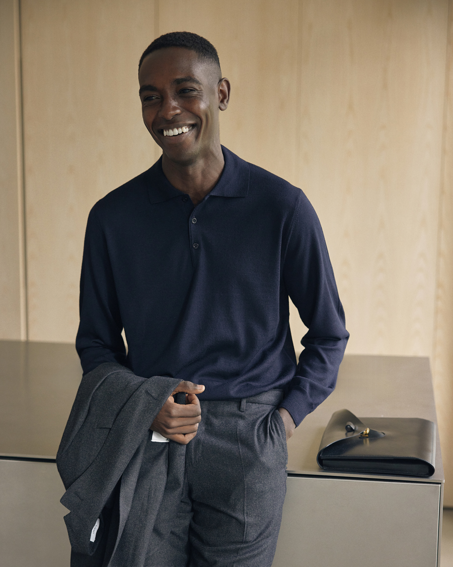 Herre | Gensere | Canali | Merino Wool Knitted Polo Navy