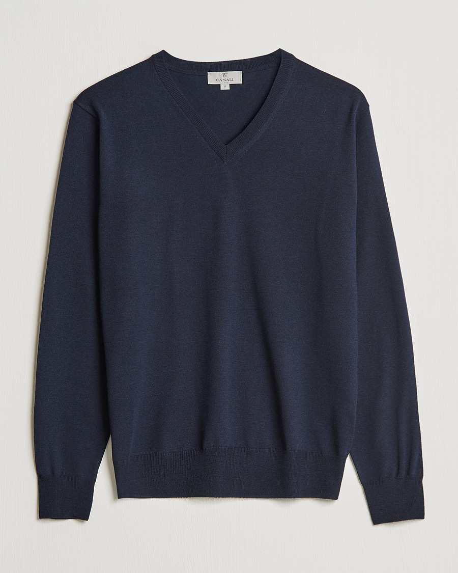 Herre | Pullovers v-hals | Canali | Merino Wool V-Neck Navy