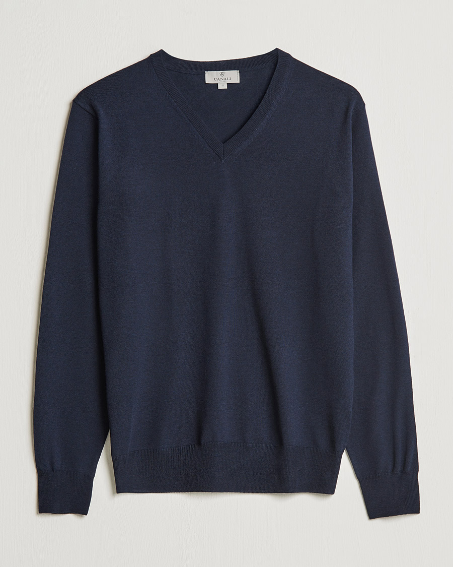Herre | Gensere | Canali | Merino Wool V-Neck Navy