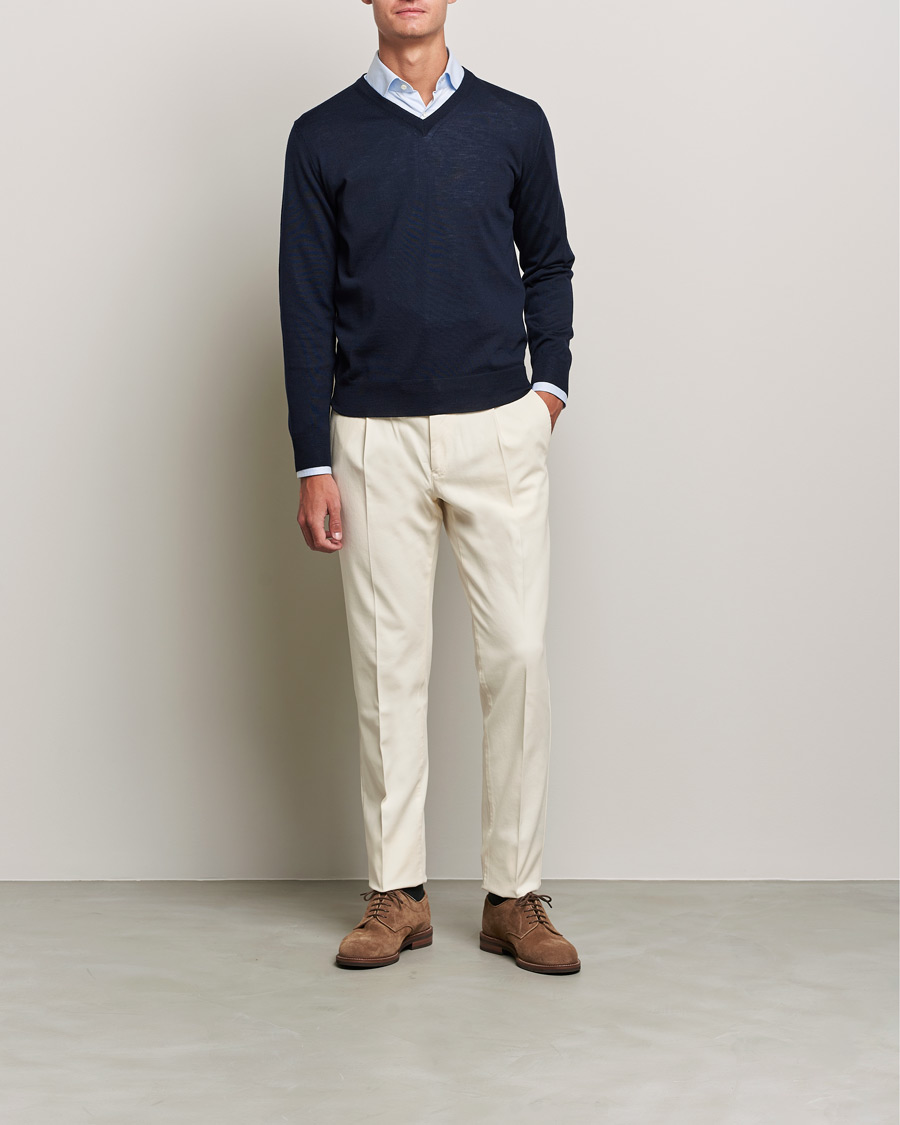 Herre | Gensere | Canali | Merino Wool V-Neck Navy