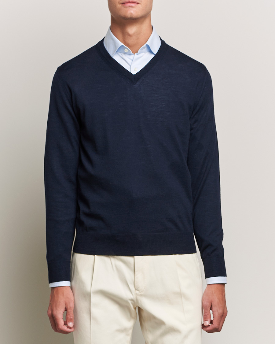 Herre | Gensere | Canali | Merino Wool V-Neck Navy