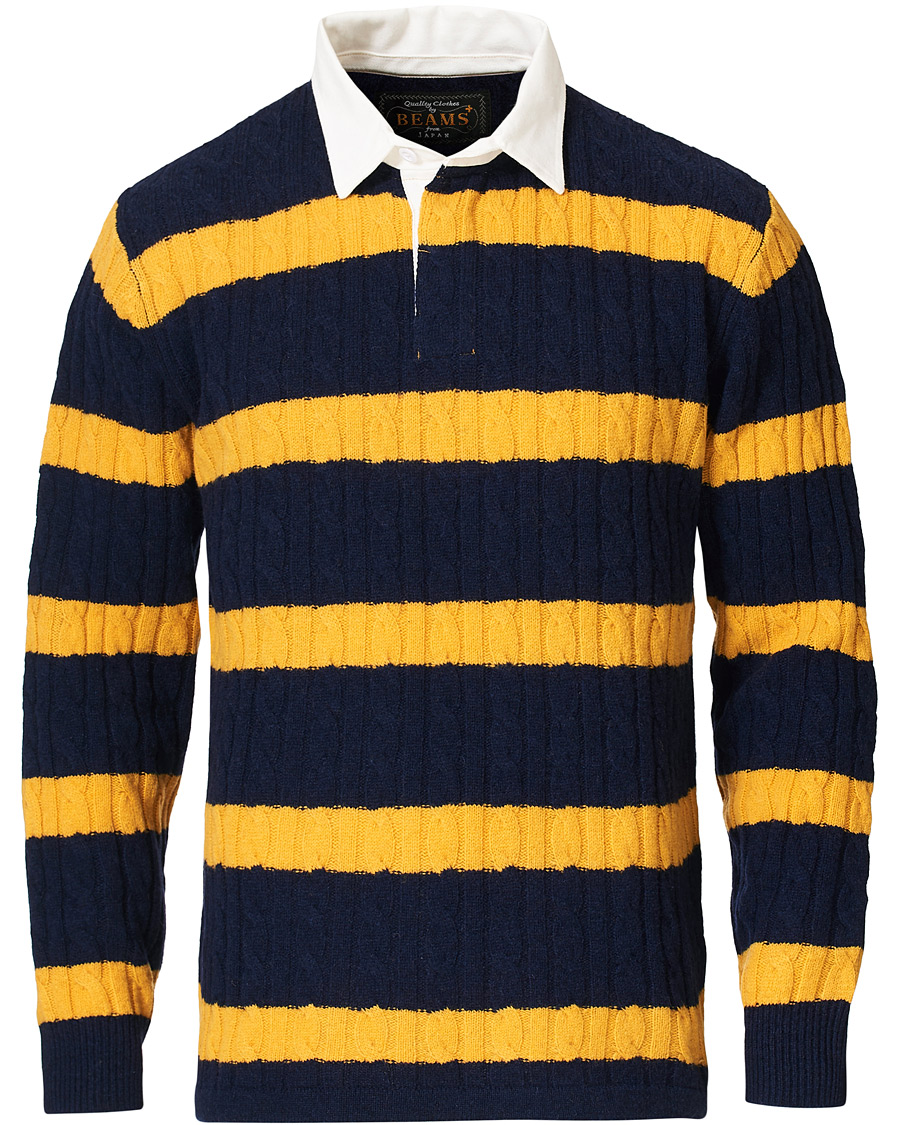 Herre | Gensere | BEAMS PLUS | Knitted Cable Rugger Navy/Yellow