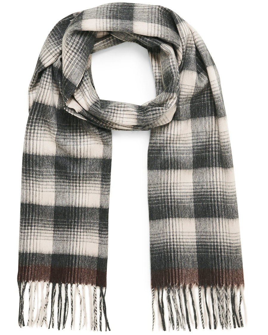 Herre | Begg & Co Arran Checked Cashmere Scarf Oyster Grey | Begg & Co | Arran Checked Cashmere Scarf Oyster Grey