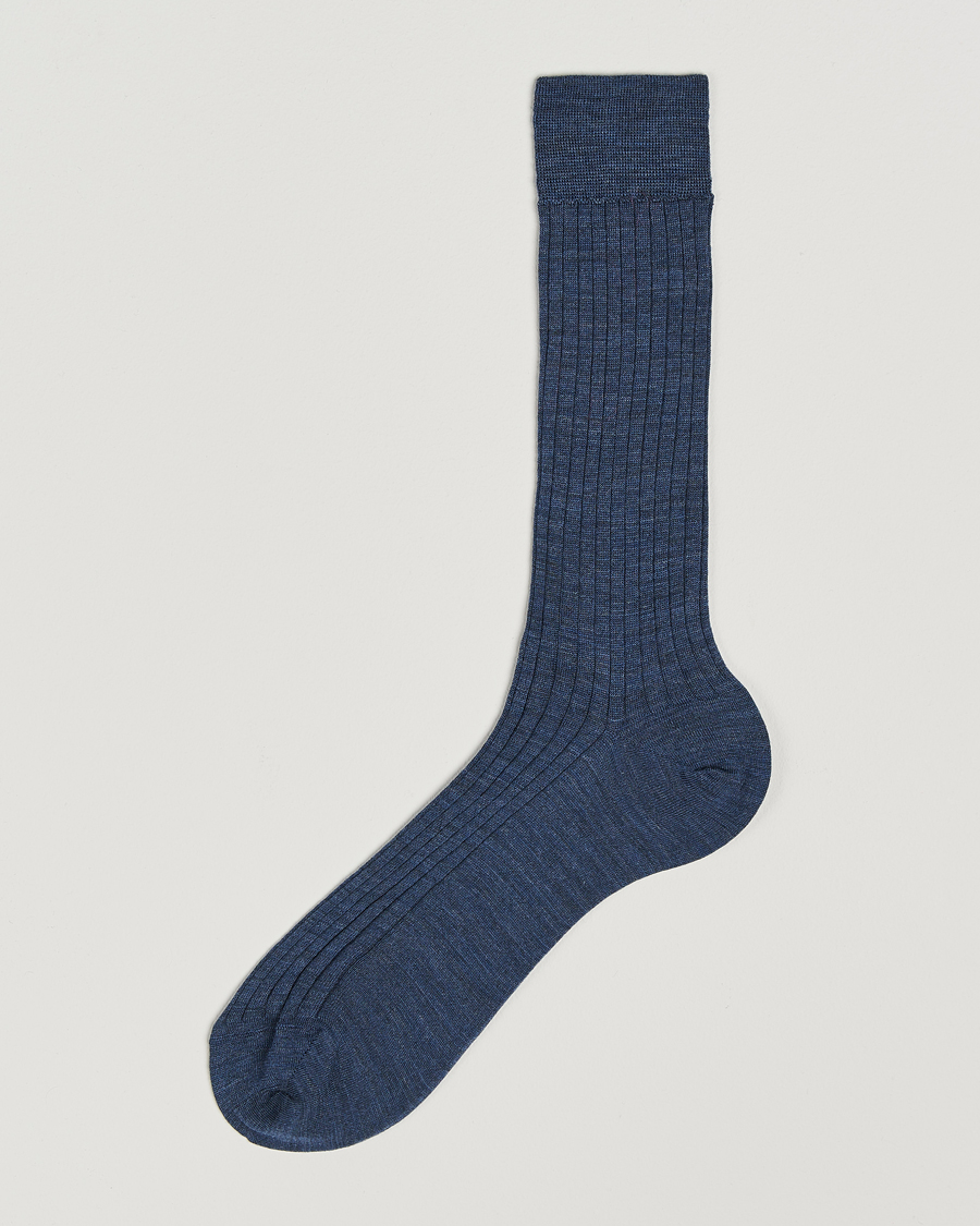 Herre | Undertøy | Bresciani | Wool/Nylon Ribbed Short Socks Blue Melange