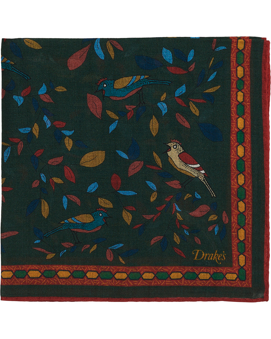 Herre | Drake's Printed Wool/Silk Songbird Pocket Square Green | Drake's | Printed Wool/Silk Songbird Pocket Square Green