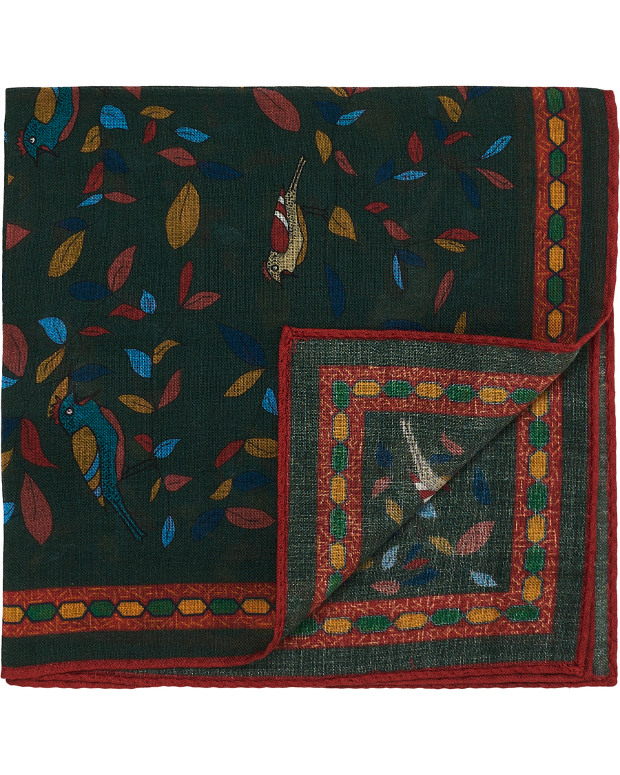 Herre | Drake's Printed Wool/Silk Songbird Pocket Square Green | Drake's | Printed Wool/Silk Songbird Pocket Square Green