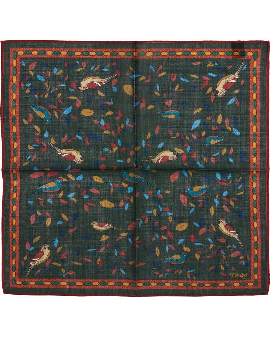 Herre | Drake's Printed Wool/Silk Songbird Pocket Square Green | Drake's | Printed Wool/Silk Songbird Pocket Square Green