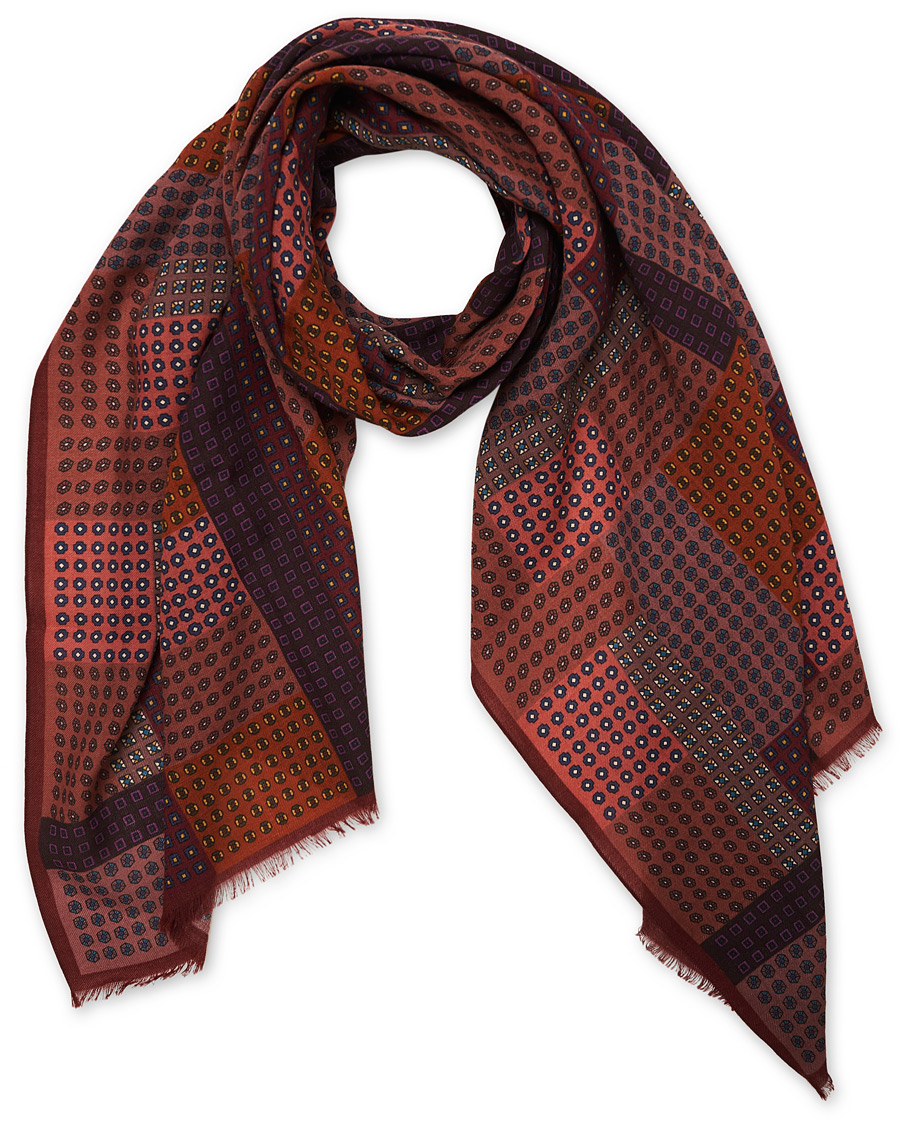 Herre | Drake's Wool Printed Patchwork Scarf Burgundy | Drake's | Wool Printed Patchwork Scarf Burgundy