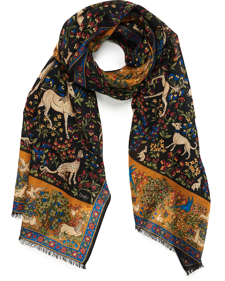 Herre | Drake's Wool/Silk Printed Mythical Forest Scarf Black | Drake's | Wool/Silk Printed Mythical Forest Scarf Black