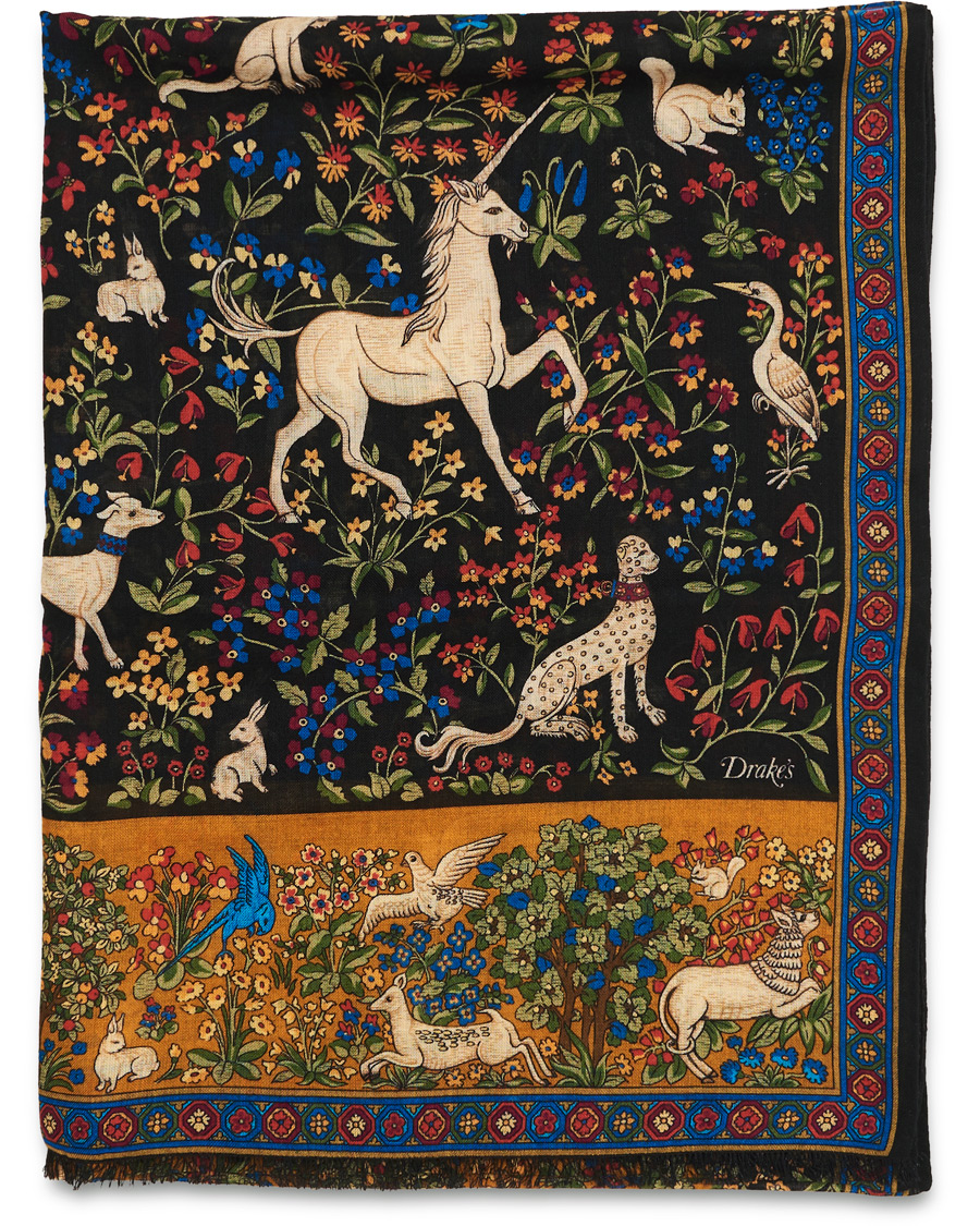 Herre | Drake's Wool/Silk Printed Mythical Forest Scarf Black | Drake's | Wool/Silk Printed Mythical Forest Scarf Black