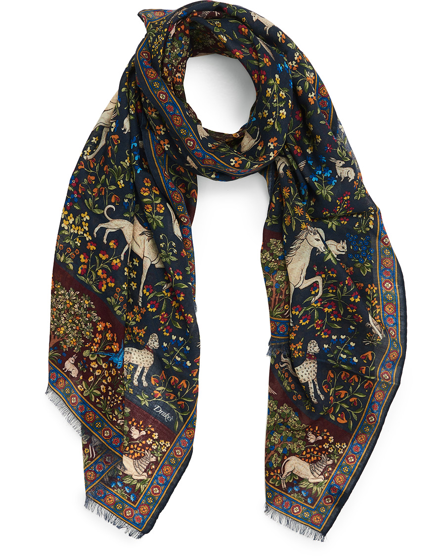 Herre | Drake's Wool/Silk Printed Mythical Forest Scarf Navy | Drake's | Wool/Silk Printed Mythical Forest Scarf Navy