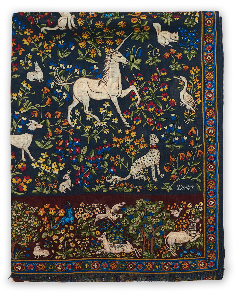 Herre | Drake's Wool/Silk Printed Mythical Forest Scarf Navy | Drake's | Wool/Silk Printed Mythical Forest Scarf Navy