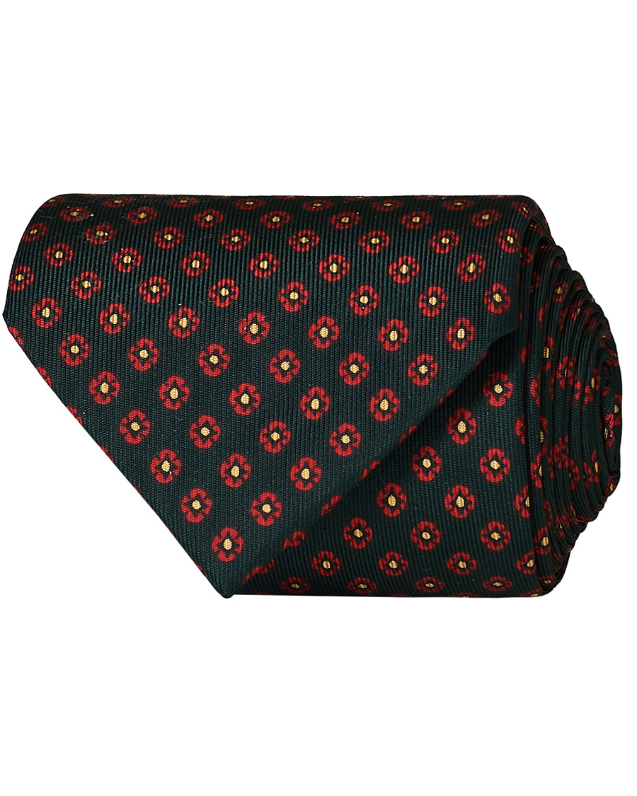 Herre | Drake's Printed Silk Flower 8 cm Tie Green | Drake's | Printed Silk Flower 8 cm Tie Green