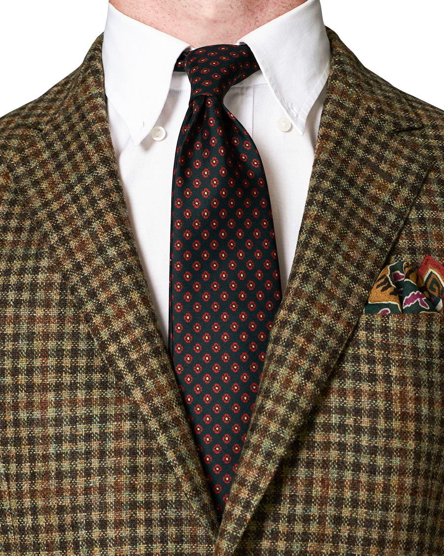 Herre | Drake's Printed Silk Flower 8 cm Tie Green | Drake's | Printed Silk Flower 8 cm Tie Green