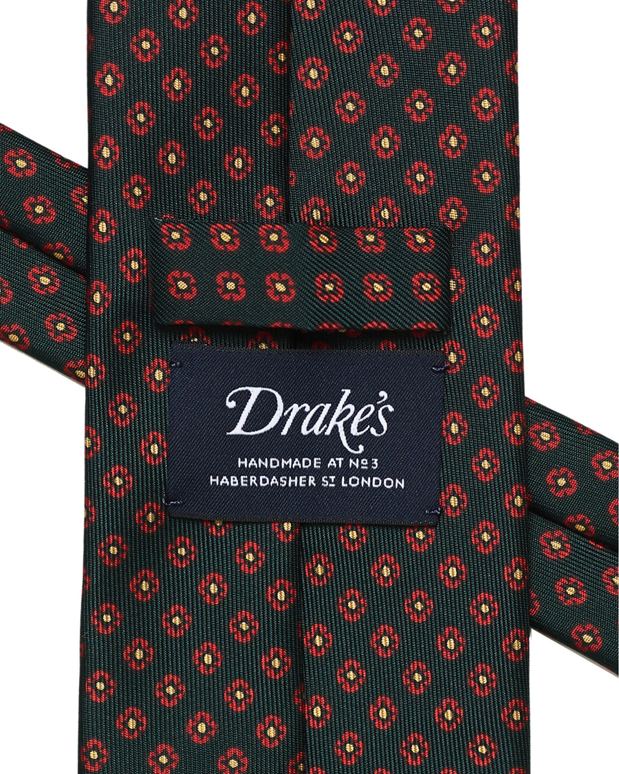 Herre | Drake's Printed Silk Flower 8 cm Tie Green | Drake's | Printed Silk Flower 8 cm Tie Green