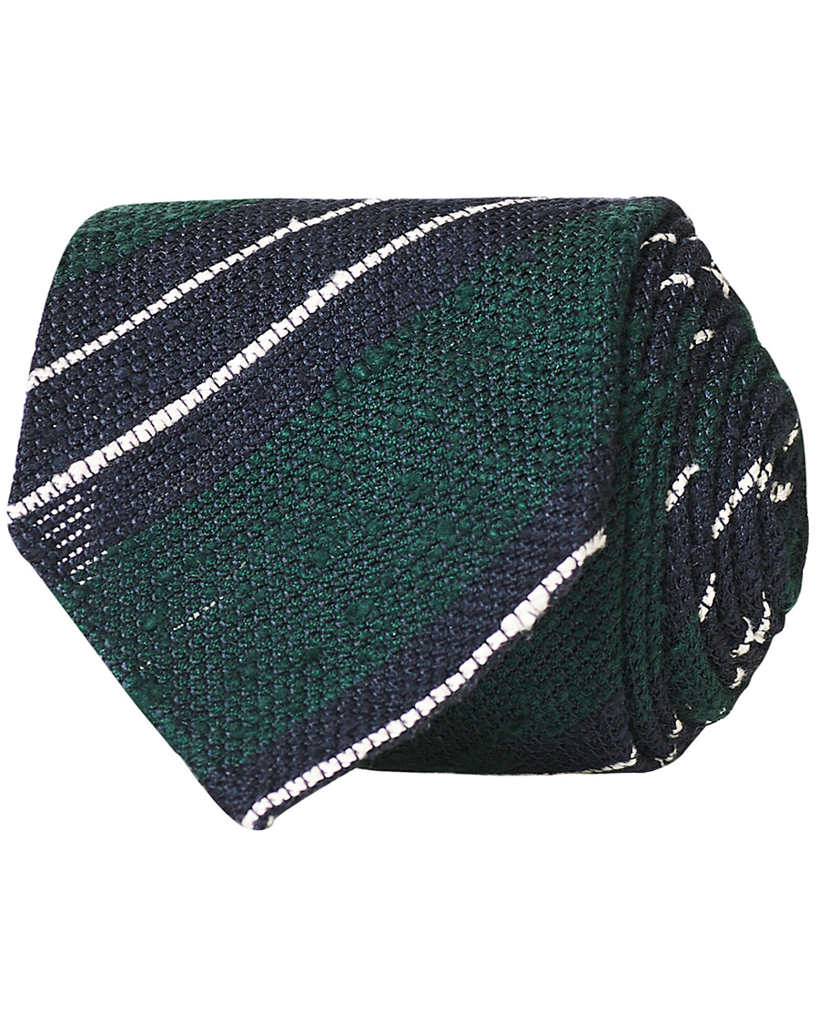 Herre | Drake's Handrolled Striped Grenadine 8 cm Tie Green/Blue | Drake's | Handrolled Striped Grenadine 8 cm Tie Green/Blue