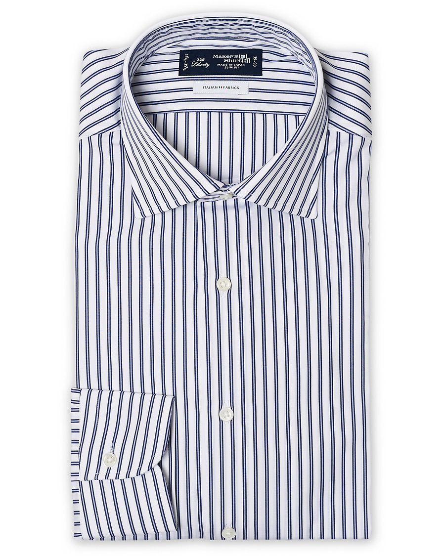 Herre | Skjorter | Kamakura Shirts | Slim Fit Broadcloth Striped Shirt White/Blue