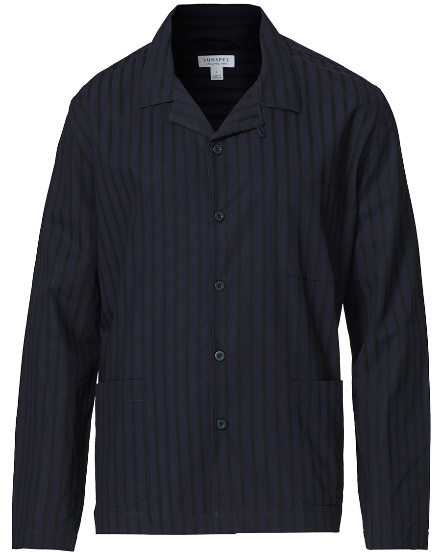 Herre | Pyjamaser og badekåper | Sunspel | Pyama Shirt Navy Dobby Stripe
