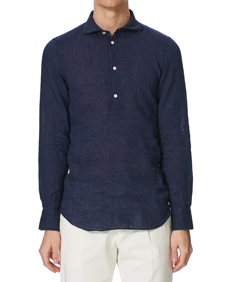 Herre | Skjorter | Finamore Napoli | Linen Popover Shirt Navy