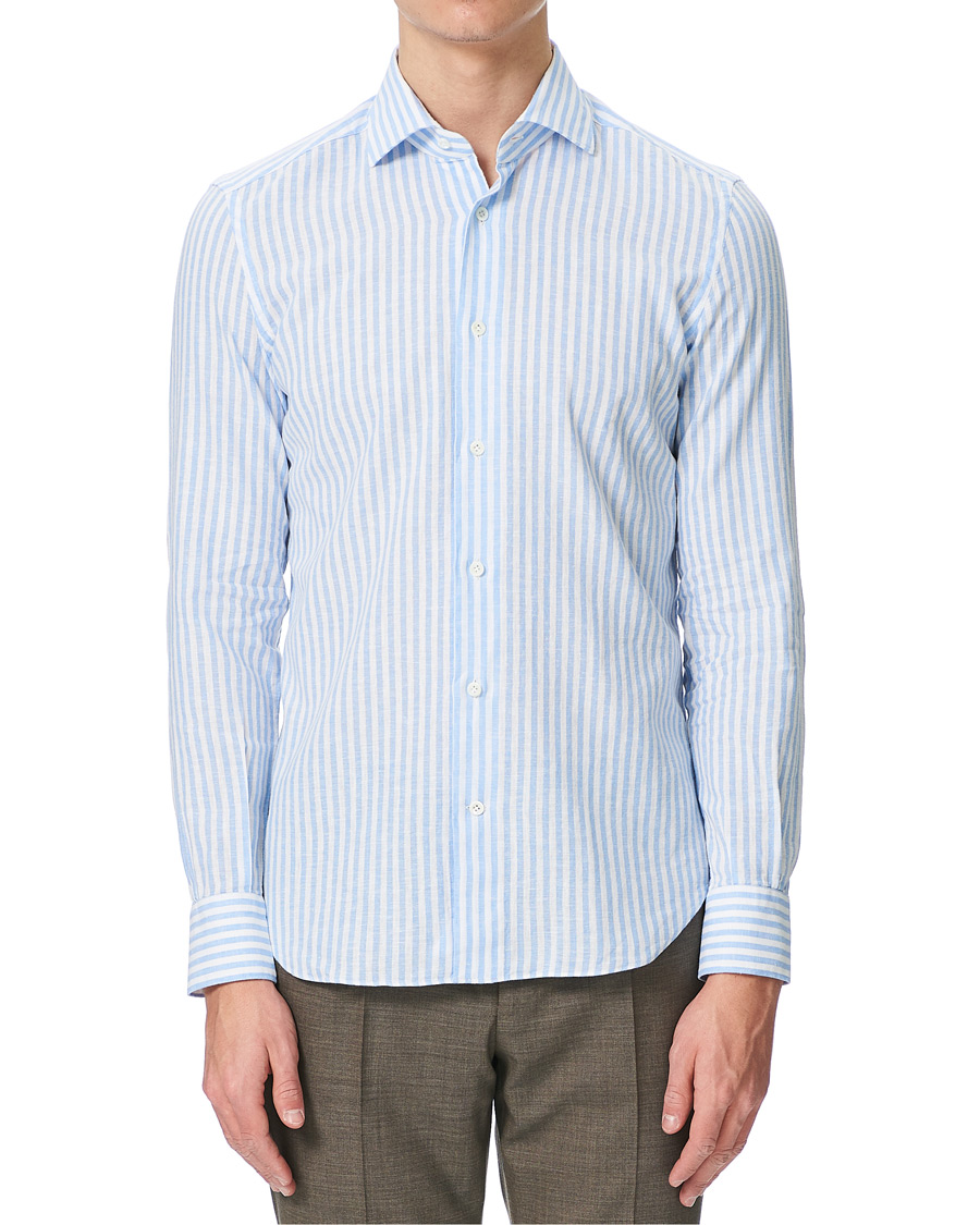 Herre | Skjorter | Mazzarelli | Linen Striped Cut Away Shirt Blue/White