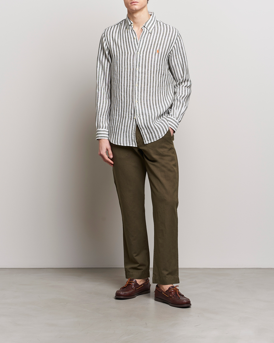 Herre | Skjorter | Polo Ralph Lauren | Custom Fit Striped Linen Shirt Olive/White