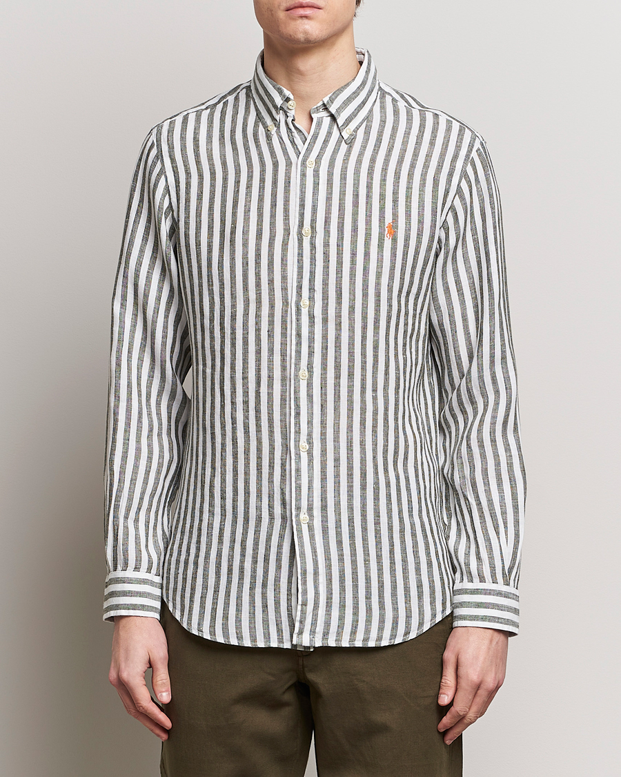 Herre | Avdelinger | Polo Ralph Lauren | Custom Fit Striped Linen Shirt Olive/White