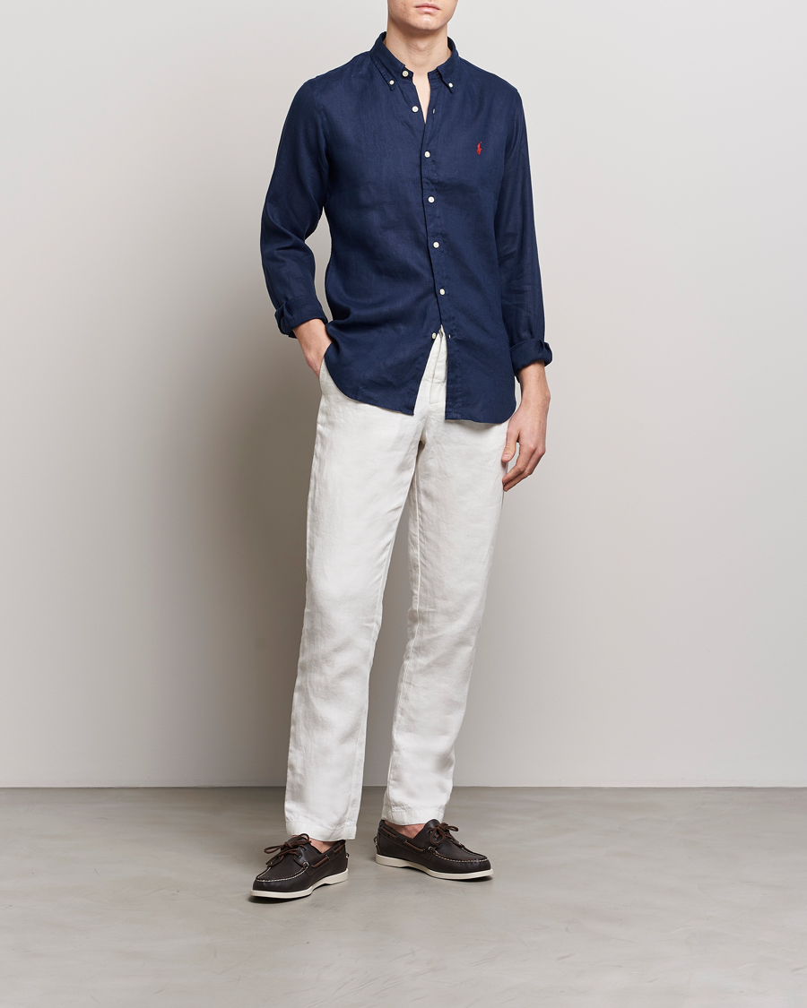 Herre | Skjorter | Polo Ralph Lauren | Slim Fit Linen Button Down Shirt Newport Navy