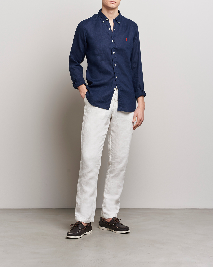 Herre |  | Polo Ralph Lauren | Slim Fit Linen Button Down Shirt Newport Navy