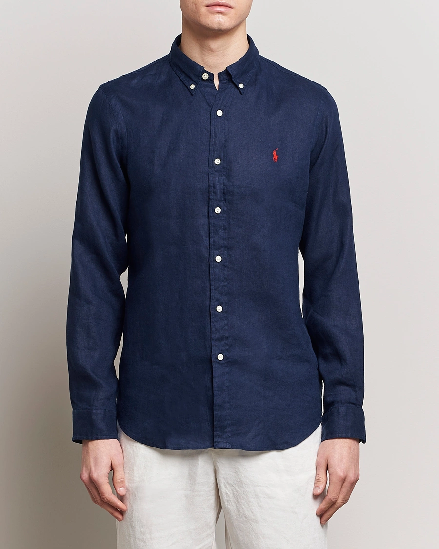 Herre | Gamle produktbilder | Polo Ralph Lauren | Slim Fit Linen Button Down Shirt Newport Navy